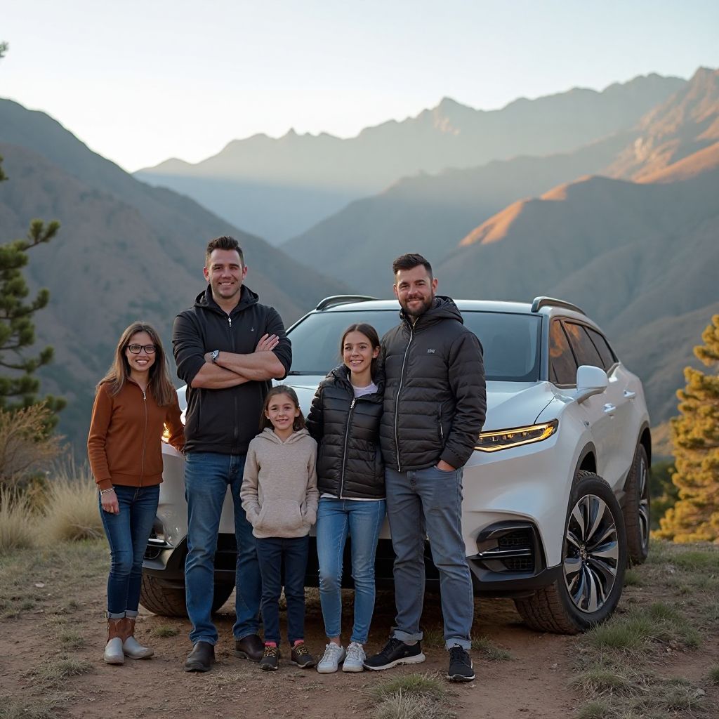 Familia con su auto eléctrico