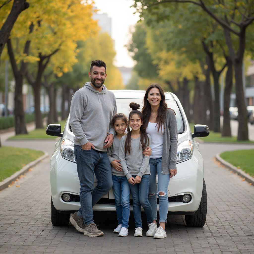 Familia con su auto eléctrico